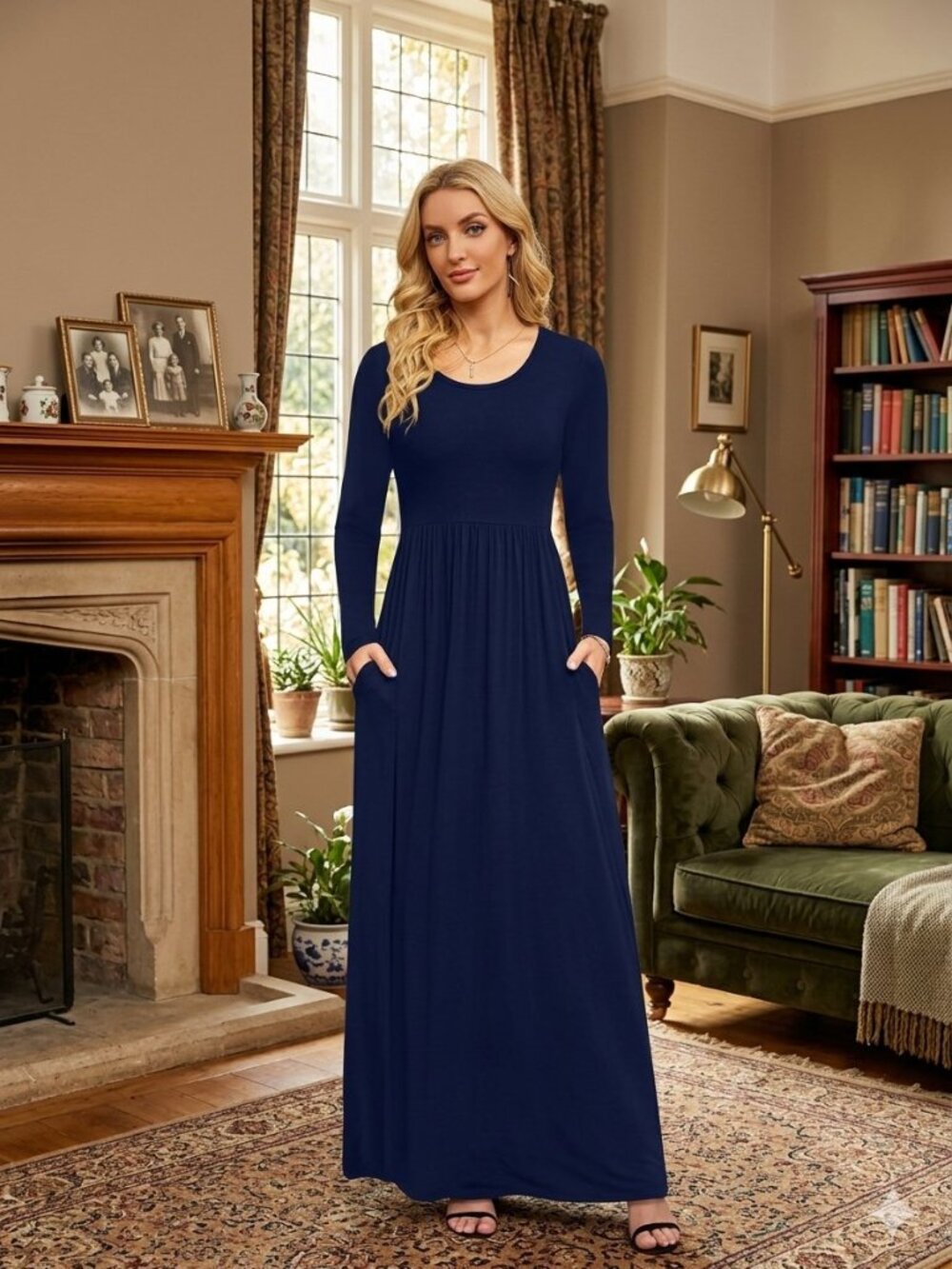 Navy Blue Maxi Dress Long Sleeve Empire Waist with Pockets Casual Holiday Fall